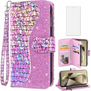 Asuwish Phone Case for Samsung Galaxy S25 Ultra 5G Wallet Cover with Tempered Glass Screen Protector and Wrist Strap Bling Glitter Leather Flip Zipper Card Holder Cell S25Ultra 25S S 25 25Ultra Pink