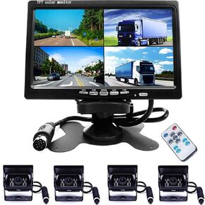 Camecho Vehicle Backup Camera 7 Inch 4 Split Monitor+ 4 Cameras with Front View, Rear View 18 IR Night Vision Waterproof Auto Camera with 2x33 ft and 2x65ft Cables for Trucks, RV, Trailer, Bus