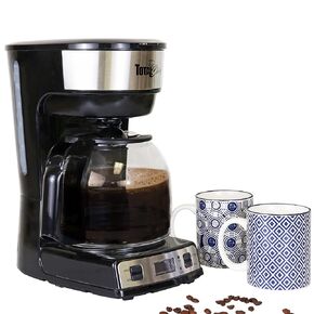 Koolatron Total Chef 12 Cup Coffee Maker Programmable Drip Coffee Machine with Glass Carafe Reusable Basket Filter Black and Silver