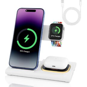 ELUTENG 3 in 1 Wireless Charging Station for Multiple Devices, Foldable Charging Stand Travel Dock 18W Fast Wireless Charger for iPhone 16/15/14/13/12 Pro Max, iWatch 10/9/8/7/Ultra2/Ultra/SE, Airpods