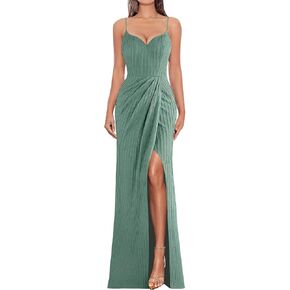 VFSHOW Womens Sexy Formal Ruched Fitted High Slit Bodycon Maxi Dress Spaghetti Strap Sweetheart Cocktail Prom Evening Gown