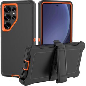 Case for Samsung Galaxy S25 Ultra Phone: Heavy Duty Shockproof Armor Protector Case Cover with Belt Clip Holster for Samsung Galaxy S25 Ultra 6.9 inch Phone Case (Black+Orange)