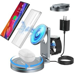 Wireless Charger for Samsung, Magnetic Fast Wireless Charging Station for Samsung S24/S23/S22/Note20 Series, 3 in 1 Foldable Mag-Safe Charging Stand/Dock for Galaxy Watch 7/6/5/4/3, Galaxy Buds+/Live