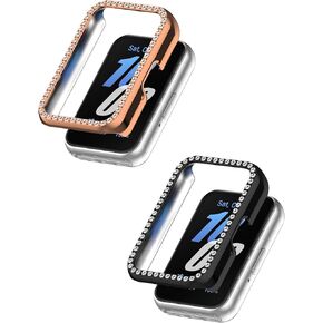 Compatible with Samsung Galaxy Fit3 Bling Diamond Case PC Bumper Protective Cases,Women Girls Crystal Shining Rhinestone Cases Smartwatch Accessories Case(Black+Rosegold)