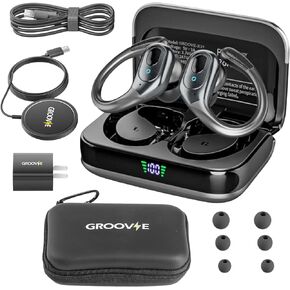 Groove Electronics 4-in-1 Wireless Earbuds with Charging Case - 80 Hours Playtime Wireless Headphones Bluetooth 5.3 - IPX7 Waterproof Noise Cancelling Earphones with LED Light Display | Charging Pad