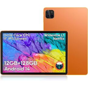 Tablet, 11-Inch Android Tablet with Octa-Core Processor, 128GB Storage, 12GB RAM, Metal Body, 6FT Charging Cable, 10W Charging Adapter, 8000mAh Battery, Updated USB-C Port, Quad Speakers, Orange