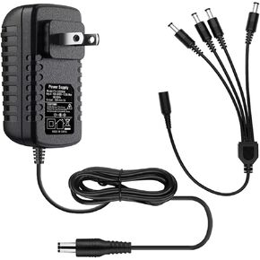 OOSSXX Power Adapter AC 100-240V to DC 12V 2A (2000mA) & 4-Way Power Splitter Cable for CCTV Security Camera/DVR/NVR/LED Strip Lights, Home Security Camera Surveillance System