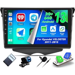 CAMECHO 9'' Touchscreen Car Radio for Hyundai Veloster 2011-2015 Head Unit with Carplay Android Auto, 2+64G Android 13 with Bluetooth 5.0, GPS Navigation, WiFi, FM/RDS + Backup Camera & Microphone