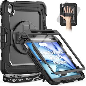 timecity for iPad Air 11 Inch M2 Case 2024 6th Gen, 360° Rotating Stand, Pencil Holder & Wireless Charging, Shockproof with Screen Protector & Shoulder Strap - for Designers & Professionals, Black