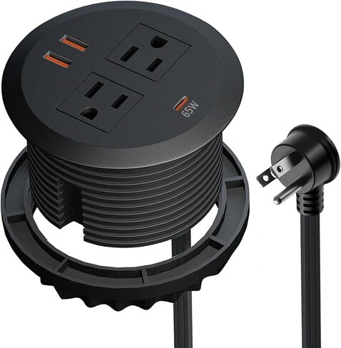 3 Inch Desktop Power Grommet,65W GaN USB C Fast Charging Station,3-USB Port,Flush Mount,Flat Plug,6.5 ft Power Cord.Round Recessed Outlet,Desk Hole Grommet Outlet for Workspace,Laptops,Black in Saudi Arabia