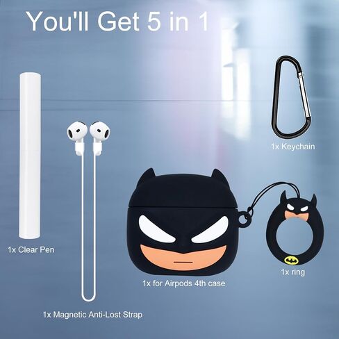 Case for AirPods Cover 4th Generation Case مع سلسلة المفاتيح ومجموعة أنظف ، وسلك مغناطيسي مضاد للاختران لطيف ثلاثية الأبعاد السيليكون الناعم المضحكة للـ AirPods 4 إكسسوارات للنساء الأسود in Kuwait