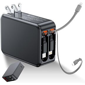 Retractable Wall Charger with Dual Cables,3 in 1 PD 62W USB C Fast Charging with Foldable Plug for iPhone 16/15/14/13/12/11 Series, Pad, LG, Samsung and More