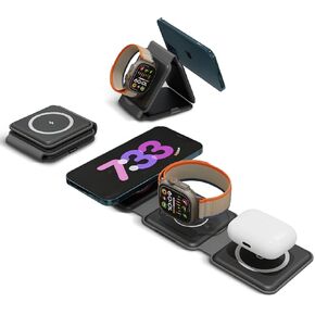3 in 1 Wireless Charging Pad, Mini Foldable Travel Stand, Rapid 15W Station Charges 3 Devices, Magsafe Compatible with iPhone, AirPods & Apple Watch (Black)