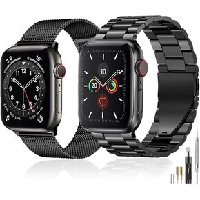 Guwet Pack 2 Metal Bands Compatible With Apple Watch Band 38/40/41/42/44/45/46/49mm,Stainless Steel&Milanese Loop Mesh for iWatch Band Series Ultra/Ultra2/SE2/SE/10/9 8 7 6 5 4 3 2 1