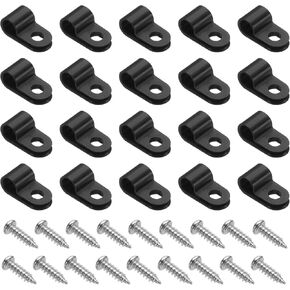 HARFINGTON 100pcs Cable Clamps 1/4 Inch R-Type Nylon Cable Clip Wire Clamp Rope Light Mounting Cord Fastener Clips with Screws for Wire Management, Black