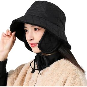 Quilted Bucket Hat Winter Warm Hat for Woman Down Padding Bucket Cap Fishing Hat Thick Plush Earflap Fisherman Bucket Hats
