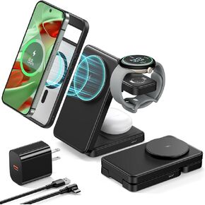 3 in 1 Magnetic Foldable Wireless Charger for Google Pixel Watch 3/2, 15W Fast Mag-Safe Charging Station Stand for Pixel 9/Pro/XL/8/Pro/8a/7/Pro/7a/6/Pro and Pixel Buds Pro/2 with 18W Adapter