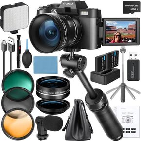 4K Digital Cameras for Photography, 48MP Vlogging Camera for YouTube with Microphone & Tripod Grip, Video Camera with Wide-Angle&Macro Lens, Content Creator Kit & Travel Camera（Pink）