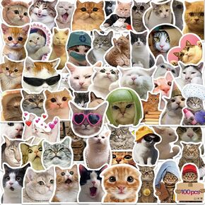 100 Pcs Cute Cat Meme Stickers, Funny Cat Stickers for Water Bottles, Journaling, Laptop, iPad, Guitar, Skateboard, Waterproof Vinyl Decals Cool Kitten Pet Sticker for Teens Adults Kids