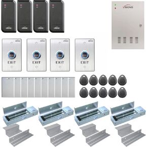 Visionis FPC-6208 Four Doors Access Control TCP/IP Wiegand For Inswing Electric 1200lbs Maglock Controller Box + Black Indoor/Outdoor Card Reader + Software Included + 20,000 Users