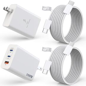 MacBook Charger, 2Pack 100W USB C Apple Charger 3Port PD&AC iPhone Charger Block Fast Charging Plug with 6FT Long USB C to USB C Woven Cable Cord for MacBook,iPhone 16/16 Pro/16 ProMax/16 Plus/15,iPad