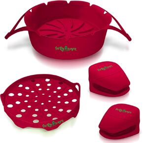 Air Fryer Silicone Liners with Oil Mat, Round Airfryer Pot with Heat Proof Gloves, Reusable Airfryer Pot with Handles, Replacement Baking Tray Basket, Fit for Oven, Microwave (Magenta)