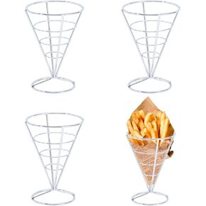 CHGCRAFT 4 Pcs French Fries Stand Cone Basket Fry Holder Iron Cone Holders Reusable Snack Basket for Home Party Kitchen Restaurant Cafe Table Serving, Silver, 148×101×132mm