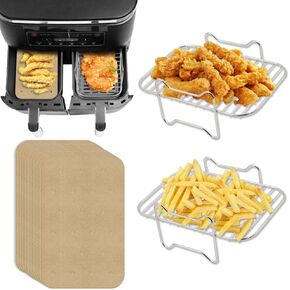 2pcs Air Fryer Rack Set with 100pcs Parchment Paper Compatible with Ninja Foodi Air Fryer DZ201, DZ401, 304 Stainless Steel Toast Dehydrator Racks Air Fryer Paper Liners for Double Basket Air Fryer