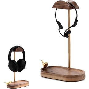 Walnut Headphone Stand, Wood Headset Stand for Desk, Music Headphone Holder with Storage Base for Airpod max, Bose, Razer, Sennheiser, Shure, Jabra, JBL, AKG, Brass