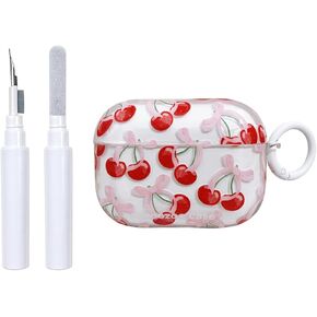 for AirPods Case (with Cleaner Kit) Clear Cute Bow Pattern Fashion Design Bowknot Aesthetic Shockproof Headphone Cover Cases for Airpods 2&1-Red Cherry