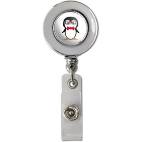 Cartoon Penguin with Bow Tie and Glasses Retractable Reel Chrome Badge ID Card Holder Clip