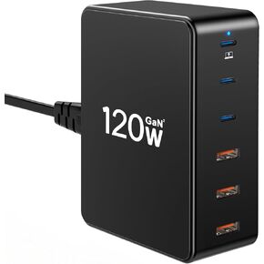 USB C Charging Station, 120W GaN 6-Port USB C Charger Fast Charging Station Laptop Charger, Wall Charger Adapter 3 USB C and 3 USB A, USB Charger Hub for iPhone, iPad, Galaxy