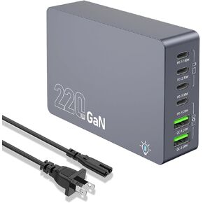 Charging Station,220W 6-in-1 GaN USB C Fast Charging,PD USB A Multiple Devices Charger,Compatible for Laptop MacBook iPhone16 Pro/16/15/14 iPad Galaxy S25 S24 S23 DELL HP and Other Series