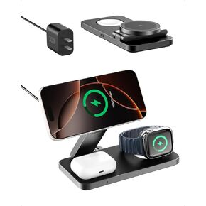 3 in 1 Wireless Charging Station with Qi2 Magnetic Charger for iPhone 16 Pro/16/16 Pro Max/15 Pro/15/15 Pro Max, for Apple Watch 9/Ultra 2/SE/8/7/6/5/4/3/2, for AirPods Pro/Pro 2/3 (Black)