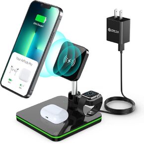 Magnetic Wireless Charger for Mag-Safe Charger Stand, Foldable 3 in 1 Wireless Charing Station for Multiple Devices, 15W Charging Stand for Apple iPhone 16 15 14 12 13 Pro/Max,AirPods 2/3,Apple Watch