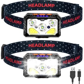 Kitness 2 Pack Digits Sensor Headlamp 6 Light Mode LED Rechargeable Headlight 1100 Lumens USB Head Lamp Flashlight Waterproof Headlamps with Motion Sensor for Outdoors