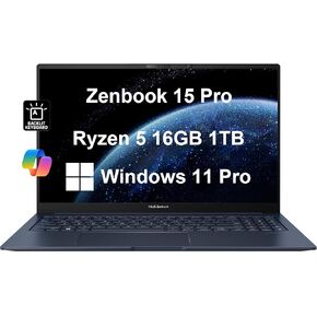ASUS Zenbook 15 Pro Business Laptop (15.6" FHD Anti-Glare, AMD Ryzen 5 7535U (Beat i7-1255U), 16GB DDR5 RAM, 1TB SSD) Backlit, FHD IR Webcam, 13-Hr Long Battery Life, Win 11 Pro w/AI Copilot, Blue