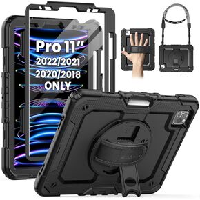 SEYMAC Case for iPad Pro 11 Case 4th/ 3rd/ 2nd/ 1st Gen (2022/2021/2020/2018), Full-Body Shockproof Protective Case with Screen Protector, 360° Rotating Stand and Hand/Shoulder Strap, Black