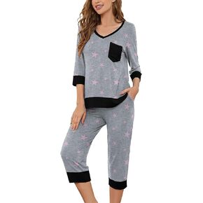 KORSIS Pajamas Set Womens 2 Piece PJS Soft Sleepwear 3/4 Sleeve V-Neck Top and Waisted Adjustable Capri Pants with Pocket