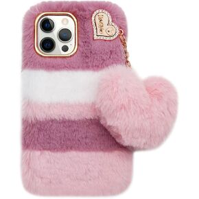 Losin Compatible with iPhone 15 Pro Max Plush Furry Case with Bling Diamond Camera Protection Women Girls Cute Case with 3D Heart Pendant Soft TPU Shockproof Protective Cover, Rose Pink