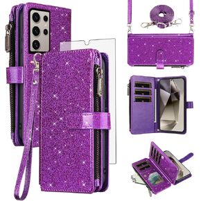 Asuwish Phone Case for Samsung Galaxy S24 Ultra 5G Wallet PU Cell Cover with Tempered Glass Screen Protector Strap Bling Glitter Zipper Flip Credit Card Holder S24Ultra 24S S 24 24Ultra Women Purple