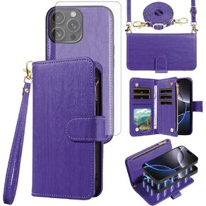 Asuwish Phone Case for iPhone 16 Pro Max 6.9 inch Zipper Wallet Detachable Cell Cover with Tempered Glass Screen Protector Strap Card Holder i Phone16 16Pro i16 ProMax 16ProMax Women Girls Dark Purple