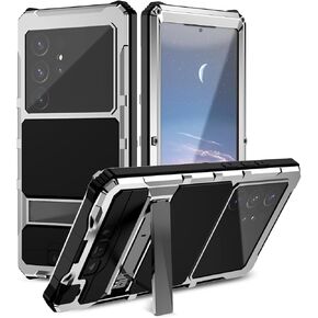 LJFLYXRI Rugged Metal Case Compatible for Samsung Galaxy S25 Ultra with Screen & Camera Protector, Military Heavy Duty Shockproof Case with Stand Full Cover Tough Case (Silver, S25 Ultra)