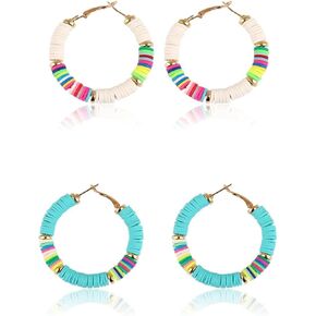 4Pairs Rainbow Clay Beaded Hoop Earrings Handmade African Vinyl Disc Beads Earrings Boho Colorful Soft Polymer Clay Loop Earrings Summer Surfer Jewelry for Women Girls Vaction