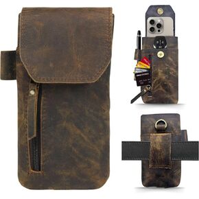Genuine Full-Grain Distressed Brown Buffalo Leather Cell Phone Holsters –8"H x 4" W Leather Cell Phone Holster for Large Smartphones – Secure & Durable Phone Belt Holder