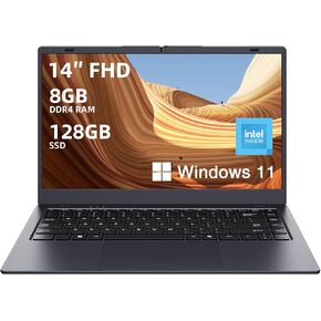 14 inch Windows 11 Laptop Computer, 8GB DDR4 RAM 128GB SSD, 4-Core Intel CPU (Up to 2.9GHz), Thin & Portable Notebook PC, WiFi, BT4.2, MS Office 2024