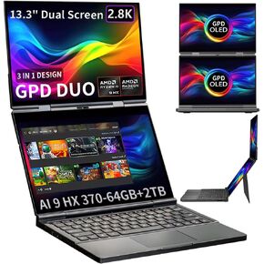 GPD Duo-13.3" OLED Dual-Screen 3 in 1 Design Laptop PC Notebook 2880×1800 Touchscreen Tablet PC Win 11 Home OS, Stylus Support,10-Point Touch,4096 Pressure Levels (AI 9 HX 370-64GB+2TB)