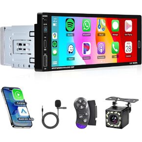 Hodozzy Single Din Car Stereo with Carplay & Android Auto, 6.86 Inch HD Touch Screen Radio with Bluetooth, Car Radio 1 Din Mirrror Link,Voice Control,FM DSP SWC AUX/TF-Card/USB +Backup Camera