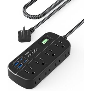 Surge Protector Power Strip (2100J), 8 AC Outlets, 4 USB Fast Charge (5V/3.4A 17W), 5 Ft Flat Plug Extension Cord for Office, PC, Computer, Streaming, Gaming Desk Accessories, Black