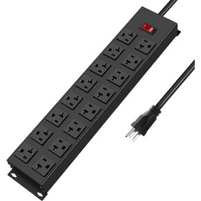 JUNNUJ Heavy Duty 20 Amp Power Strip, Garage 16 Outlets Metal 12 Gauge Surge Protector 3000J, High Amp 5-15P Adapter Shop 6-20R T-Slot Industrial Outlets (8AC, 6FT)